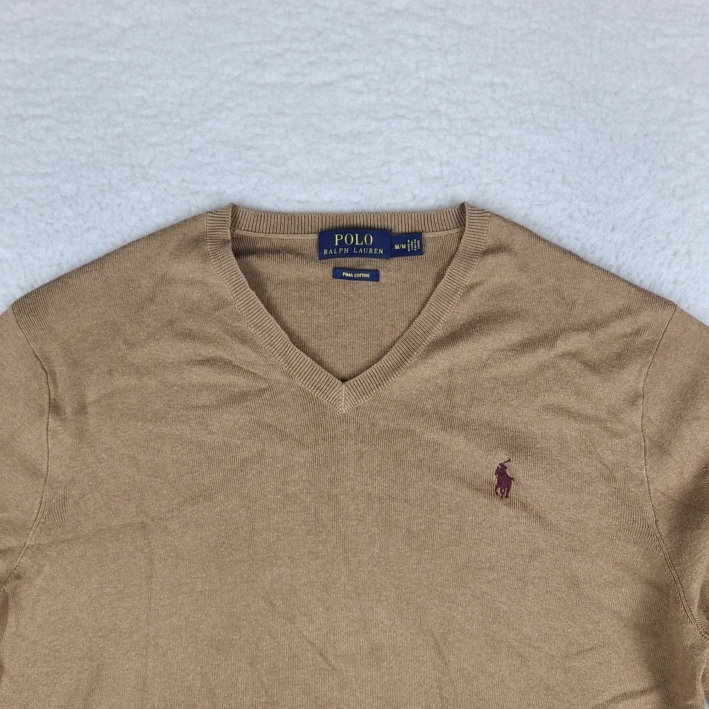 Polo Ralph Lauren Sweater Mens Medium Brown V Neck Pima Cotton Sweatshirt